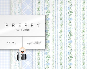 Grandmillenial Patterns Preppy Seamless Striped Digital Paper Dusty Blue Watercolor Vintage Gentle Classic Grandmillennial Floral Vines
