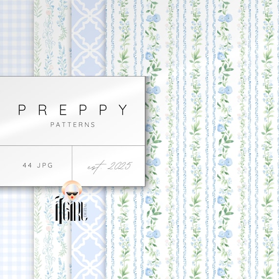 Grandmillenial Patterns Preppy Seamless Striped Digital Paper Dusty Blue Watercolor Vintage Gentle Classic Grandmillennial Floral Vines