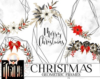 Geometric Christmas Frames Clipart - flower clipart foliage holly poinsettia christmas decoration gold glitter xmas winter planner clipart