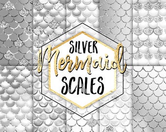 Mermaid Digital Paper - mermaid scales silver foil glitter nautical summer planner stickers scrapbook birthday invitation mermaid party