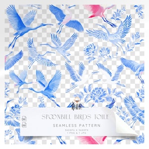Spoonbill Birds Toile de Jouy Seamless PNG Patterns: Watercolor Floral Chinoiserie Nursery Digital Paper, Fabric Repeat Tile