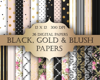 Gold Foil Shabby Chic Digital Papers - black gold polka dot stripes damask floral glitter printable backgrounds scrapbooking invitations