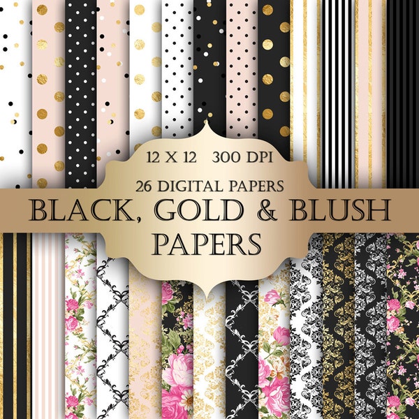 Gold Foil Digital Paper: Shabby Chic Floral, Polka Dot, Stripes (Digital Download)