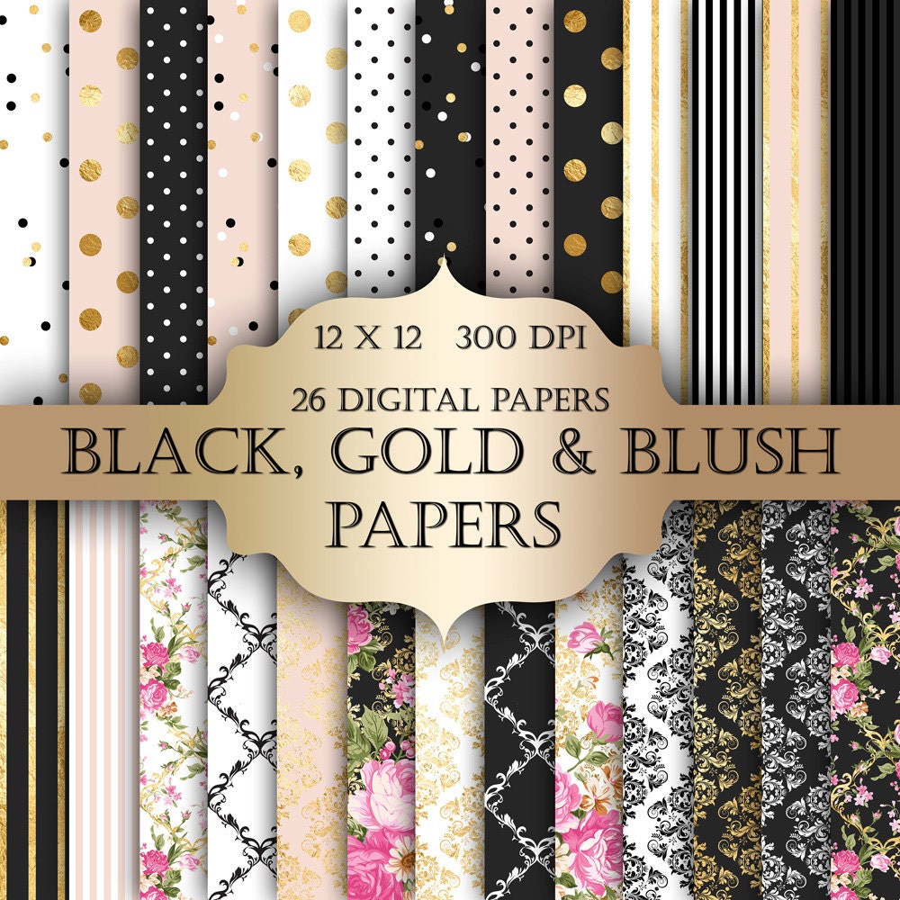 Gold Foil Shabby Chic Digital Papers - black gold polka dot stripes d…