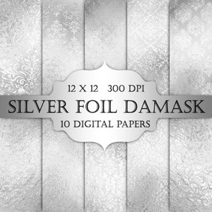 Silver Foil Damask Digital Paper silver floral grey damask metallic printable backgrounds scrapbooking wedding invitation cards planner image 2