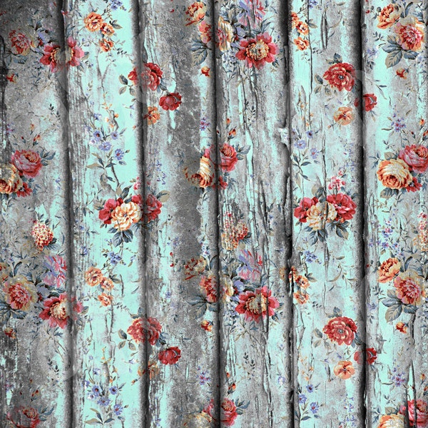 Vintage Shabby Flowers Rustic Wood Digital Photography Backdrop - Vintage floral wood pattern digital paper 12 x 12