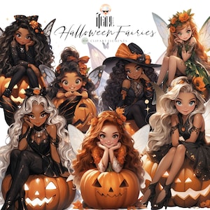Watercolor Halloween Fairies Clipart, cute girl clipart, fall autumn, Halloween clipart, fantasy doll PNG instant download commercial use