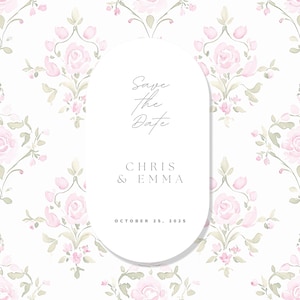 May include: Save the Date wedding invitation with a floral pattern featuring pink roses and green leaves. The text reads "Save the Date", "Chris & Emma", and "October 25, 2025".
