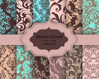 12 Chocolate Damask Digital Papers - floral damask pattern backgrounds for scrapbooking, wedding invitations, cards - commercial use