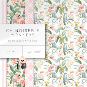 Könnte beinhalten: Digitale nahtlose Muster mit Chinoiserie-Affen. Die Muster umfassen Affen, Blumen und Blätter in Rosa-, Blau- und Grüntönen. Der Text "CHINOISERIE MONKEYS SEAMLESS PATTERNS 29 JPG est. 2026" ist enthalten.