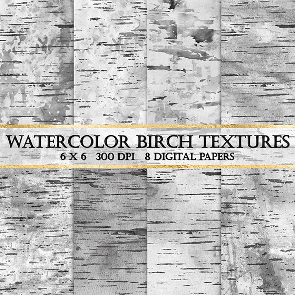 Watercolor Birch Bark Digital Paper - Watercolor Birch Tree Textures Winter Christmas Tree White Rustic Wood Scrapbooking Wedding Invitation