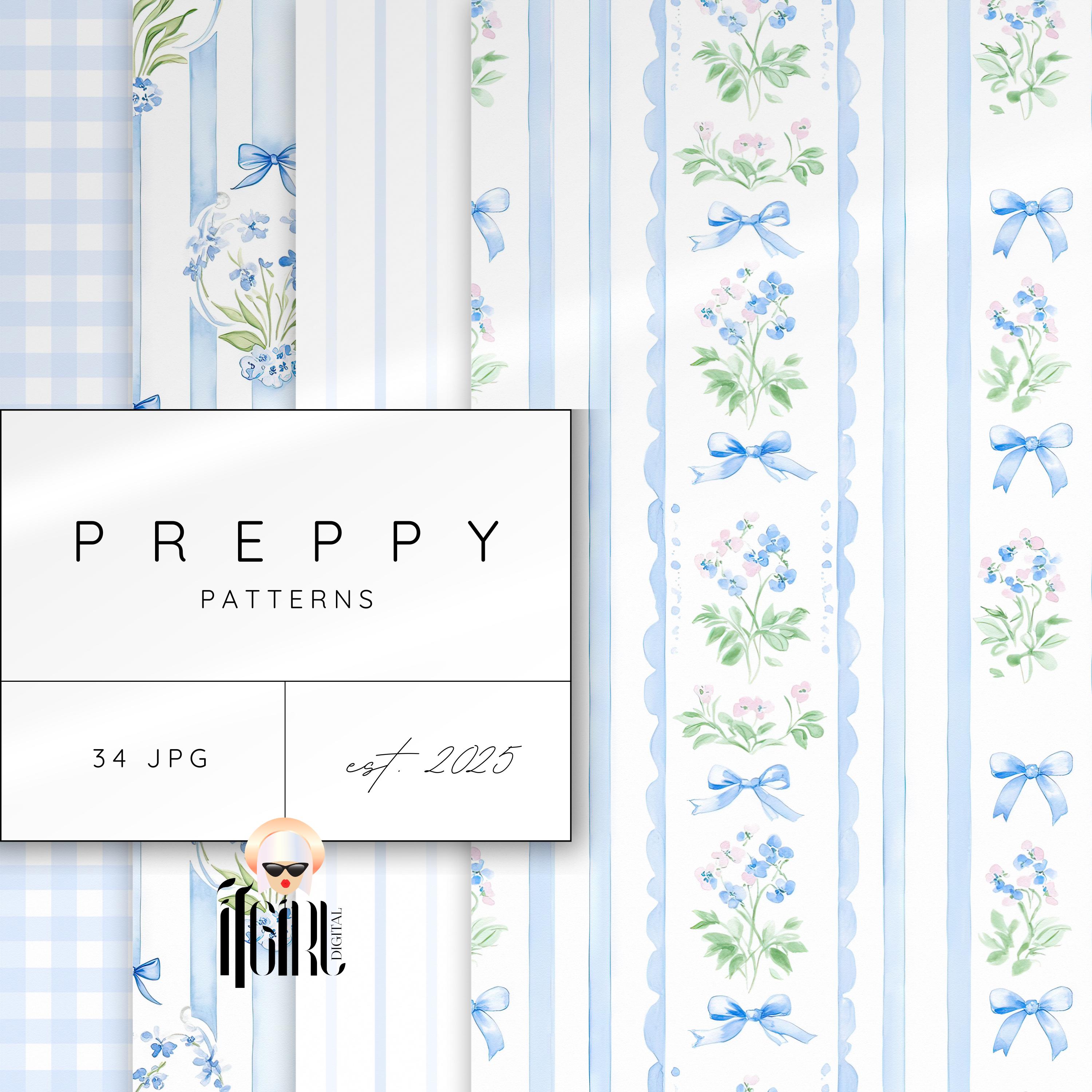 Grandmillenial Patterns, Preppy Seamless Digital Paper, Stripes Watercolor Vintage Repeating Pattern, Coquette Bow, Grandmillenial Wallpaper