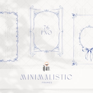 Op de afbeelding: Een verzameling blauwe lijntekening frames in verschillende vormen, waaronder rechthoekige en ovale ontwerpen, tegen een witte achtergrond. De afbeelding bevat de tekst "76 PNG" en "MINIMALISTIC FRAMES".