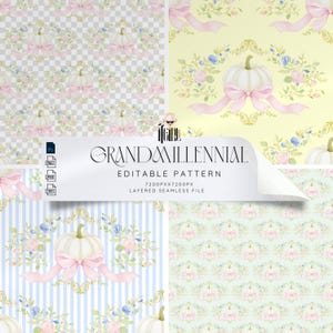 Grandmillennial Pumpkin Pattern, Preppy Fall Print Repeating Fall Pattern Editable Seamless File with transparent background, PSD, TIFF, PNG