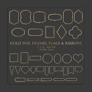 May include: A set of 34 gold foil frames, flags, and ribbons in various shapes and sizes. The frames are 12 inches by 12 inches and 300 DPI.