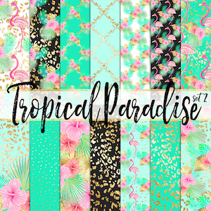 Tropical Digital Paper - zomer flamingo clipart tropische bladeren bloemen goudfolie strand bruiloft scrapbook planner stickers commercieel gebruik