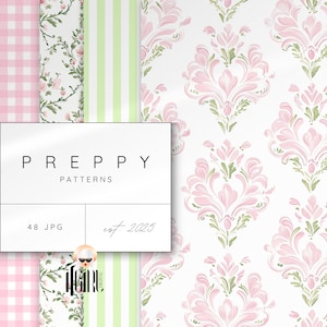 Papel digital sem costura Preppy, padrões Grandmillenial, padrões florais em aquarela pastel, impressão de berçário, listras Preppy, xadrez Cottagecore