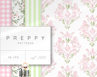 Preppy Seamless Digital Paper, Grandmillenial Patterns, Watercolor Pastel Floral Patterns, Nursery Print, Preppy Stripes, Plaid Cottagecore