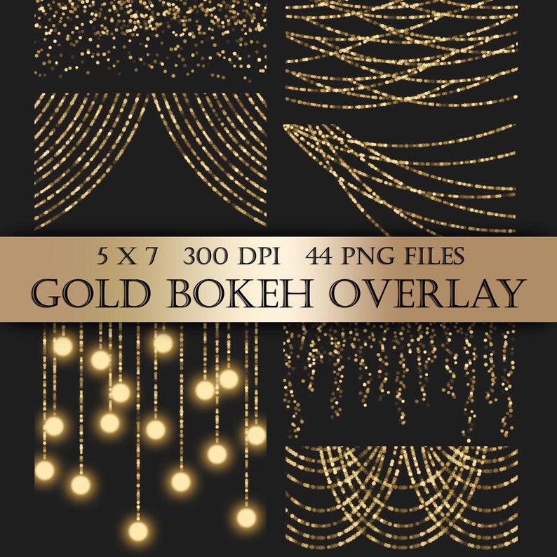 Gold Bokeh String Lights Digital Clipart Overlay - gold bunting fairy lights christmas transparent backgrounds scrapbooking invitations 