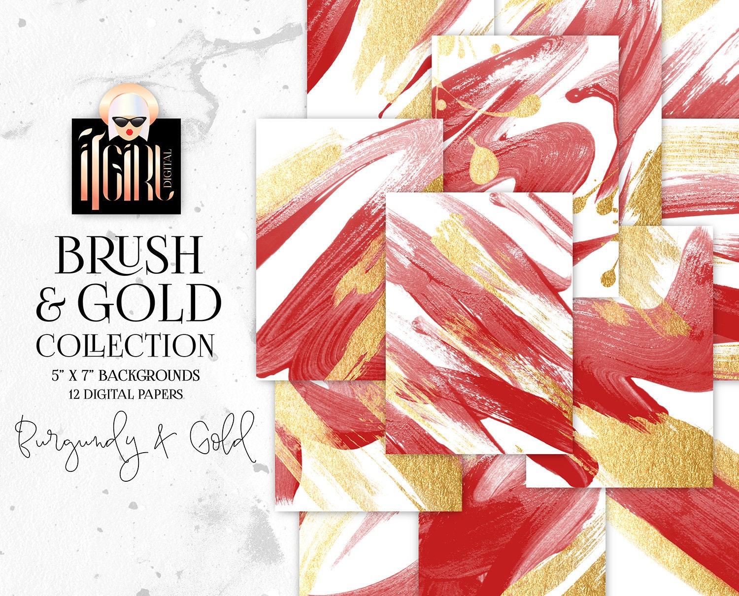 Burgundy & Gold Brush Strokes Watercolor Textures Gold Digital | Etsy