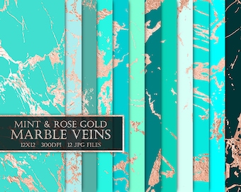 Papeles digitales mármol menta y oro rosa: Textura de álbum de recortes (Descarga digital)