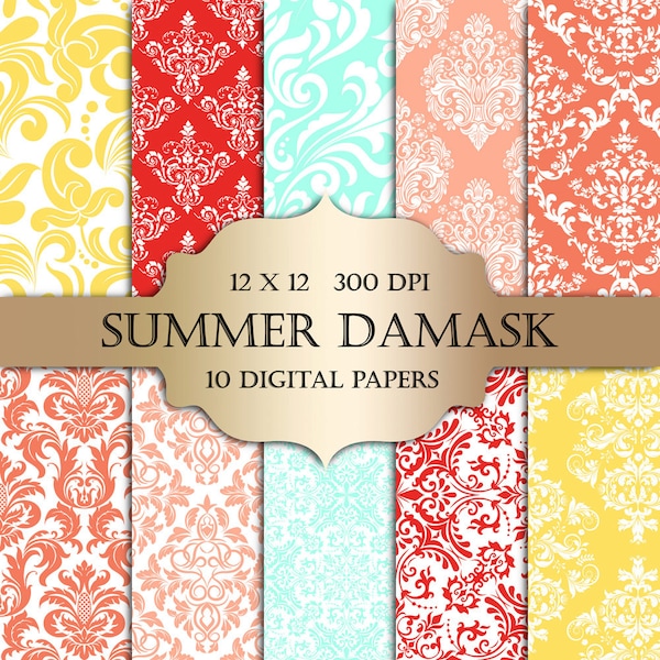 Summer Damask Digital Paper - yellow aqua red coral damask printable backgrounds scrapbooking wedding invitations cards