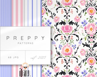 Grandmillenial Watercolor Preppy Seamless Digital Paper, Floral Damask, Bold Floral Patterns, Nursery Print, Preppy Stripes, Preppy Plaid