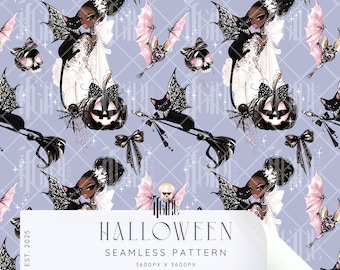 May include: A seamless Halloween pattern featuring illustrations of a woman, black cat, bats, pumpkins, and bows on a light purple background. The design includes the text "HALLOWEEN SEAMLESS PATTERN".
