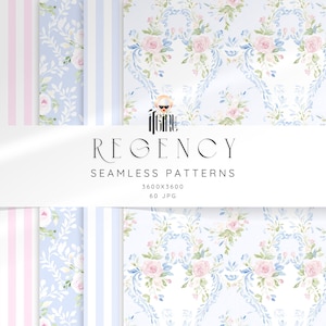 May include: A collection of seamless patterns with a Regency theme. The patterns include floral designs with pink roses and blue accents, along with striped patterns in pink and blue. The image also includes the text "REGENCY SEAMLESS PATTERNS".