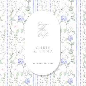 Puede incluir: Invitaci&oacute;n de boda "Save the Date" con un marco ovalado blanco sobre un fondo floral. El texto dice "Save the Date" con los nombres "Chris & Emma" y la fecha "25 de octubre de 2025".