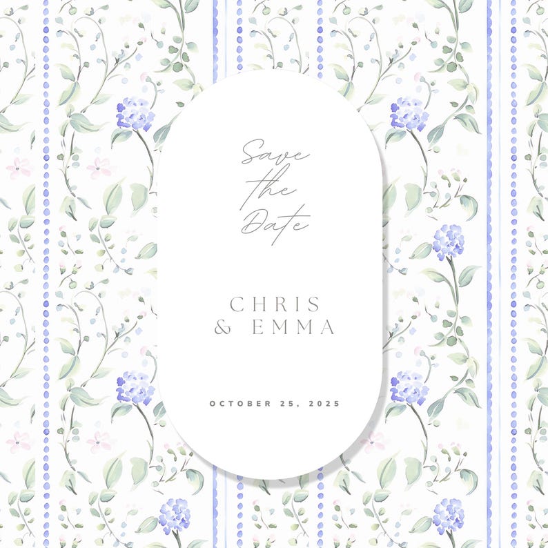 Puede incluir: Invitaci&oacute;n de boda "Save the Date" con un marco ovalado blanco sobre un fondo floral. El texto dice "Save the Date" con los nombres "Chris & Emma" y la fecha "25 de octubre de 2025".