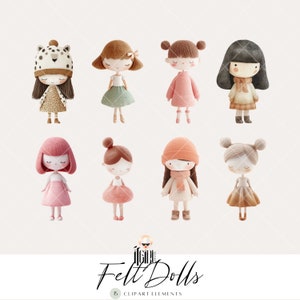 Clipart de bonecas de feltro, aquarela, berçário fofo para impressão, menina, clipart de brinquedos, clipart de boneca Boho comovente, clipart de brinquedos, Junk Journal