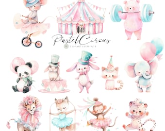 Pastel Watercolor Circus Clipart, circus animals clipart, watercolor nursery, baby shower, cute stickers, pastel sublimation, PNG file