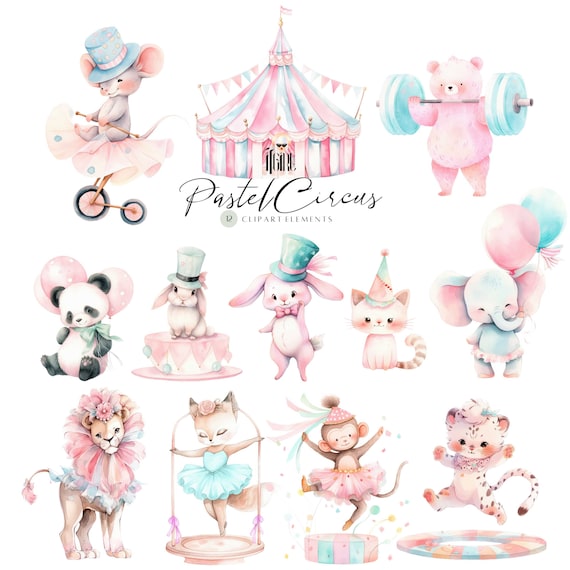 Cute Circus Animals Clipart Pastel Watercolor Circus Clipart, Circus