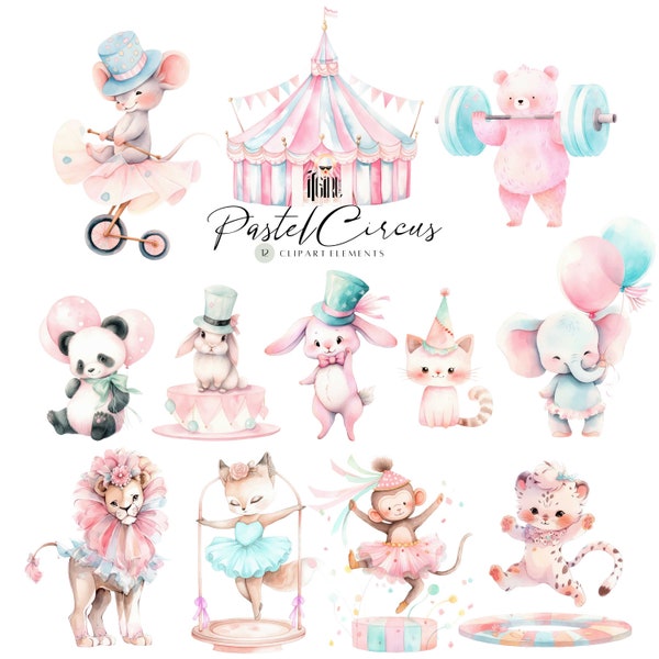 Pastel Watercolor Circus Clipart, circus animals clipart, watercolor nursery, baby shower, cute stickers, pastel sublimation, PNG file