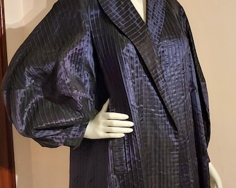 1940s Morry Silver Navy Iridescent Rayon Swing Coat: Lantern Sleeves, L-XL