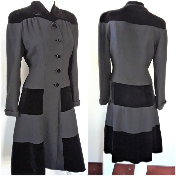 1940s Black Wool Crepe & Rayon Velvet Fitted Princ