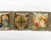 Antique Bracelet - Persian Painted Cuff Bracelet - Mother of Pearl and Silver Bracelet - 19th Century - Collectible Jewellery