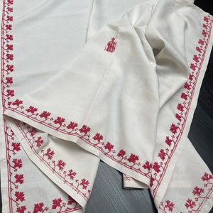 Antique Redwork Embroidered Panel Red White Embroidery Hanging Small Curtain Monogram French Textiles Collectable Vintage Home Decor