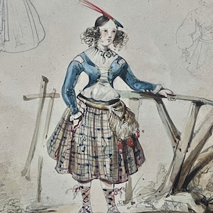 Antique Victorian Watercolour Painting 1800s Scottish Painting Highland Lassie 19th Century Costume Collectable Art Costume Study Wall Art