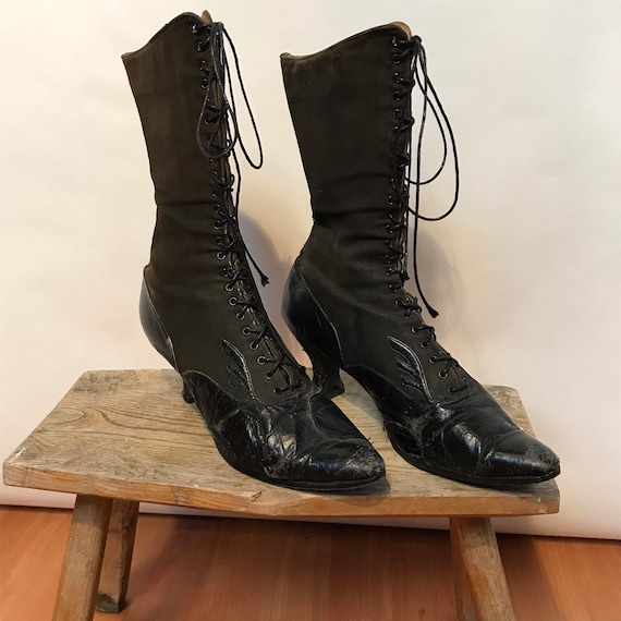 Black Victorian Boots - Black Canvas and Leather B