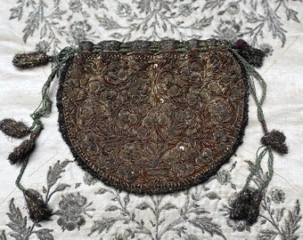 Antique Zardozi Embroidered Velvet Bag Collectable Vintage Purse Bag Gold Embroidery Antique Gold Embroidery India 19th Century Display