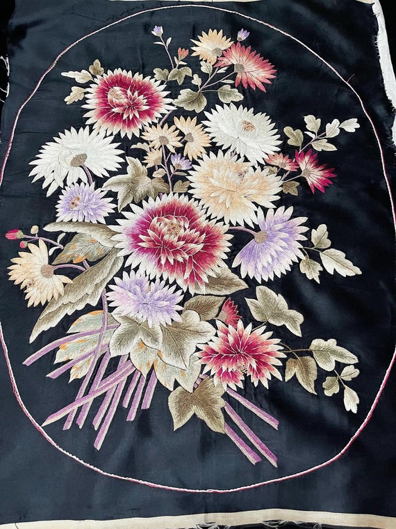 割引購入 アンティーク シルク 日本の刺繍パネル 花柄刺繍 1920 年代 絵画