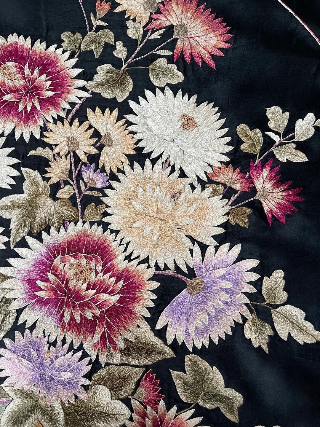 アンティーク シルク 日本の刺繍パネル 花柄刺繍 1920 年代