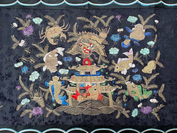 アンティークシルク刺繍中国金糸刺繍魚装飾収集品テキスタイル書斎