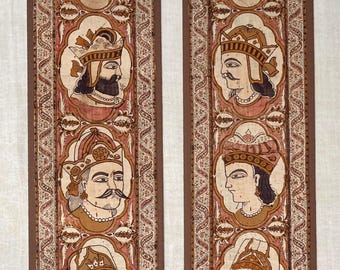 May include: Two vertical panels with detailed illustrations of regal figures. Each panel features a series of oval portraits with ornate headwear and facial features, set against a patterned background in shades of brown, red, and cream.