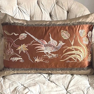 Silk Embroidered Chinoiserie Pillow: 1900 French Vintage Cushion