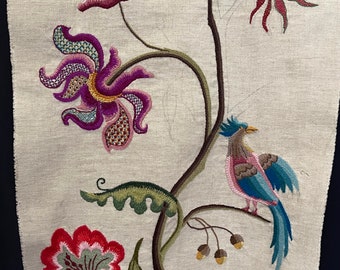 Floral Crewelwork with Bird Vintage Hand Embroidered Tree of Life Antique Textile 1930s Home Decor Collectable Embroidery Handmade