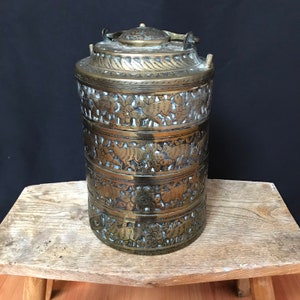 Indian Brass Stacking Tiffin Carrier 19th Century Antique Vintage Home Decor Interior Design Interiors Collectables