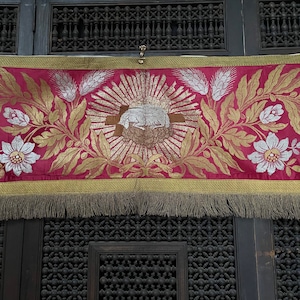 Ecclesiastical Silk Brocade Altar Front Hanging  Gold Bouillon Passementerie European 19th Century Vintage Home Decor Interior Design